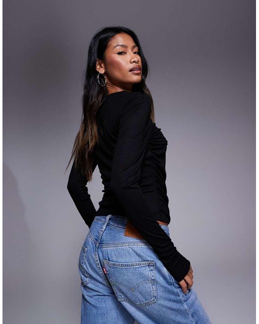 ASOS Gedrapeerde Top Van Zachte Jersey Met Lange Mouwen in het Blue