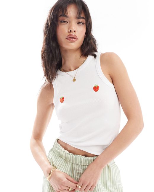 Pieces White Racer Neck Vest Top With Embroiderd Strawberry Placement