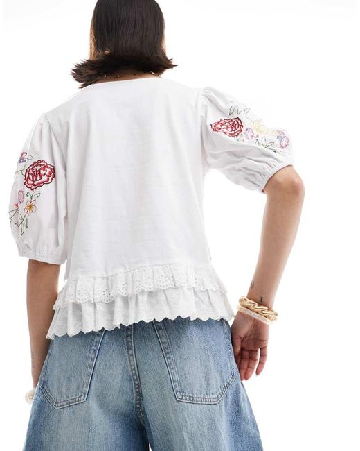ASOS White Tie Front Top With Floral Embroidery