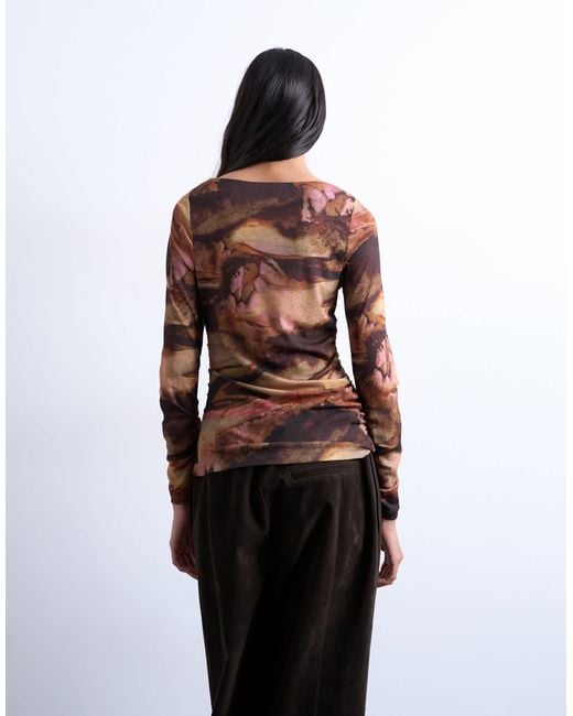 TOPSHOP Multicolor Abstract Print Ruched Long Sleeve Top