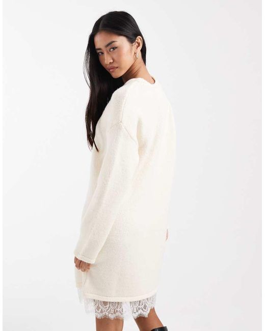 ASOS Natural Knitted Mini Dress With Lace Trim Detail