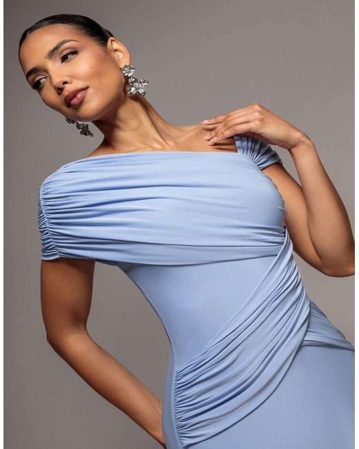 Goddiva Blue Asymmetric Neck Gathered Waist Maxi Dress