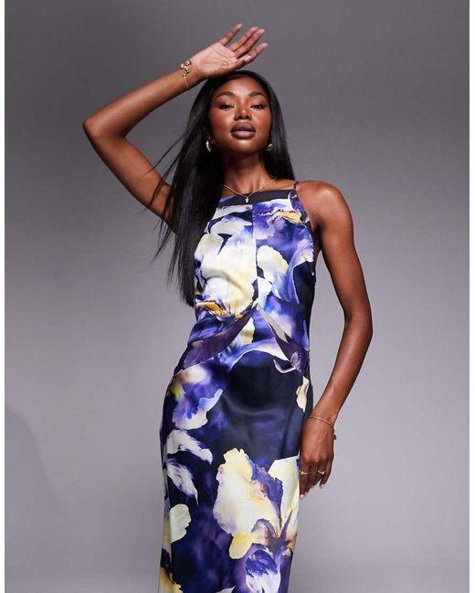 ASOS Blue Satin Chiffon Mix Square High Neck Maxi Dress