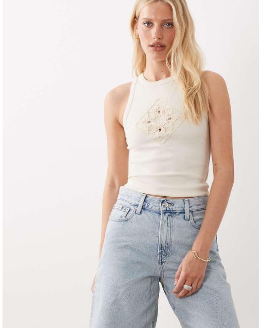 Miss Selfridge Natural Rib Vest Top With Embroidered Trim