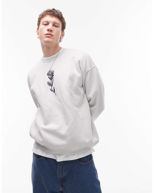 Topman Gray Oversized Fit Sweatshirt With Front And Back Floral Motif Print for men