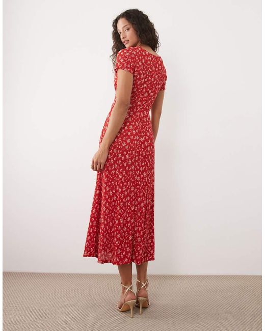 Mango Red Twist Front V Neck Midi Dress