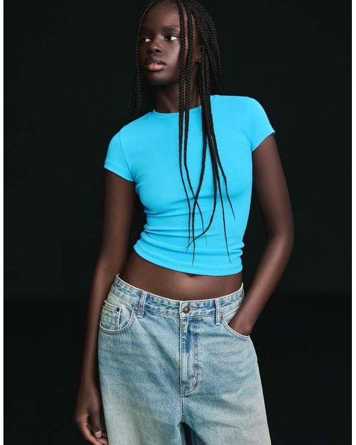 Bershka Blue Short Sleeve Round Neck T-shirt