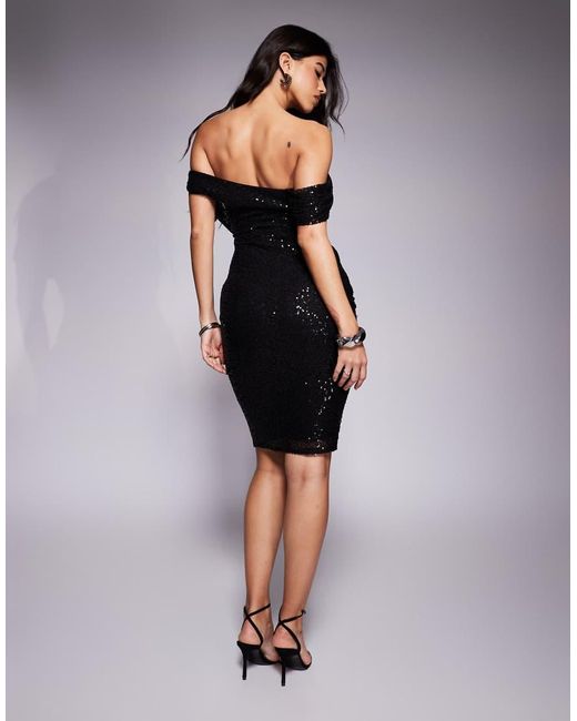 Goddiva Black Sequin Cowl One Shoulder Midi Dress