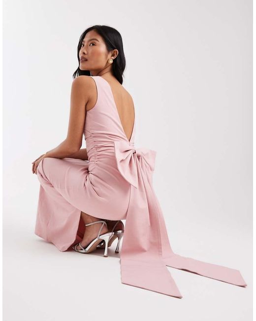TFNC London Pink Bridesmaid Bengaline Maxi Dress With Detachable Bow Back