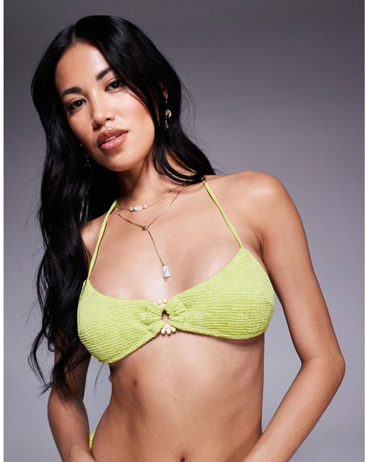 ASOS Green Bella Textured Halter Scoop Bikini Top With Beaded Ring Detail