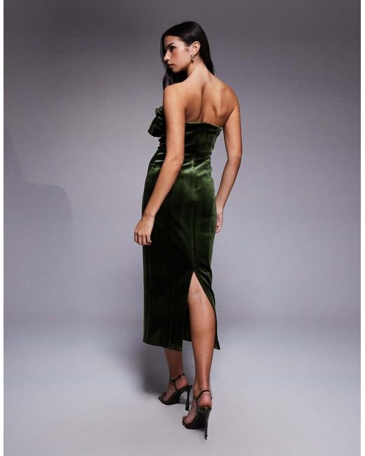 ASOS Green Bonded Velvet Bandeau Structured Midi Dress With Ruffle Bodice Detail