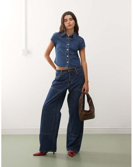 Lioness Blue Varsity S Collar Detail Short Sleeve Contrast Stitch Denim Shirt