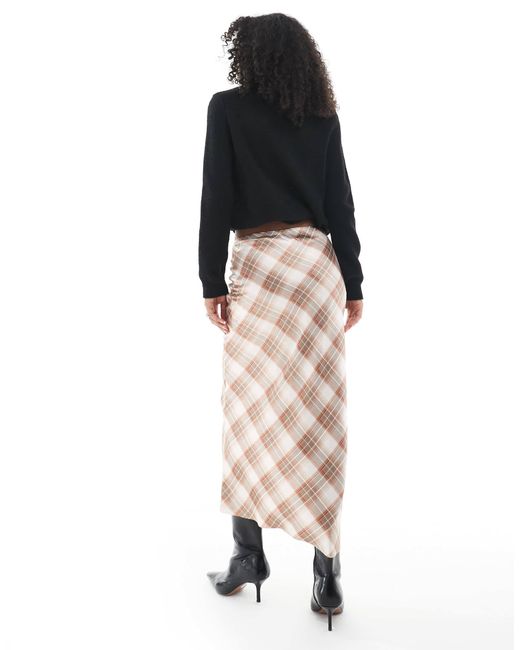 New Look Natural Check Satin Bias Midi Skirt