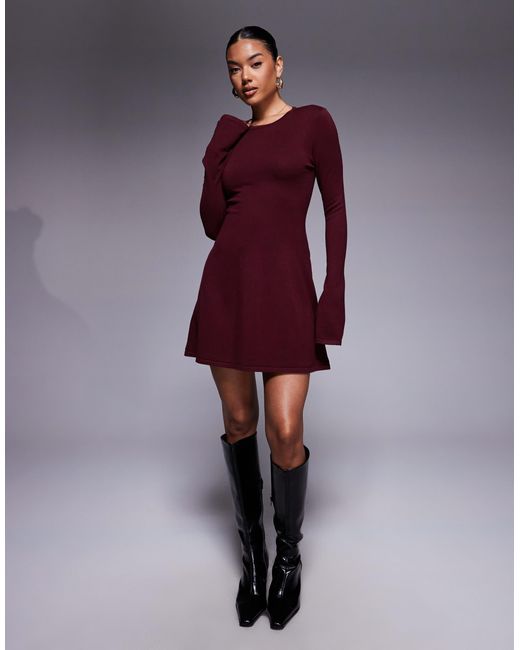 Kaiia Purple Exclusive Compact Knit Flared Sleeve Mini Skater Dress