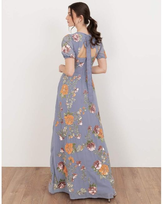 Maya White Embellished Puff Sleeve Open Back Maxi Dress