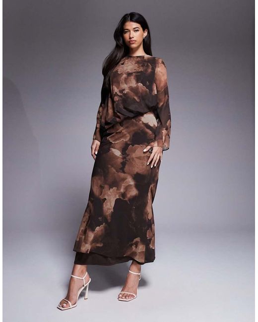DASKA Brown Chiffon Asymmetric Blouson Top Maxi Dress