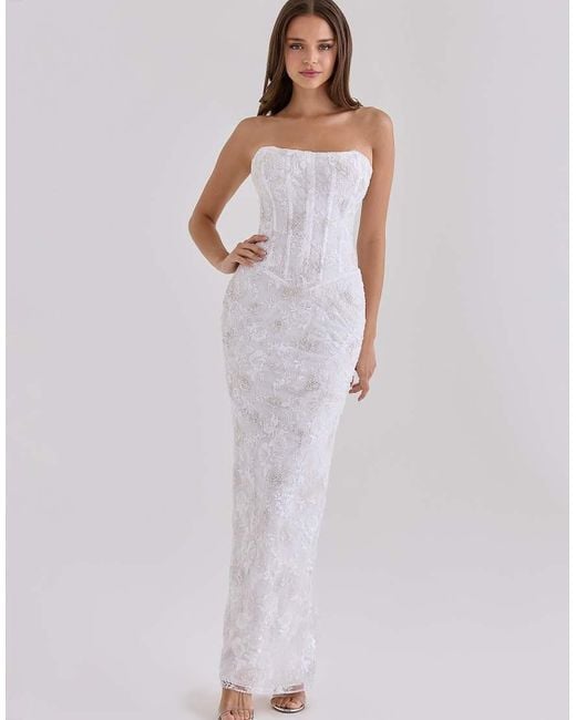 House Of Cb White Anisa Hand Beaded Embellished Strapless Maxi Dress