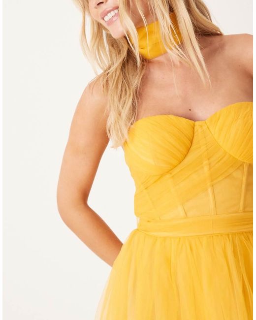 LACE & BEADS Yellow Scarf Neck Corset Tulle Mini Dress