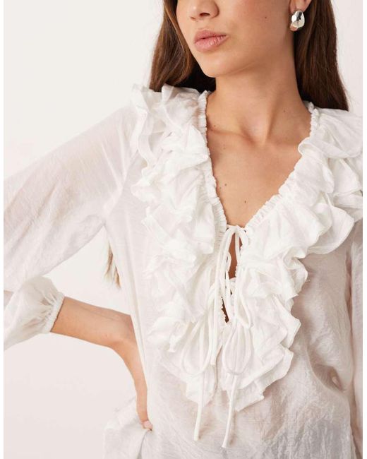 Glamorous White V-Neck Tie Front Ruffle Trim Blouse