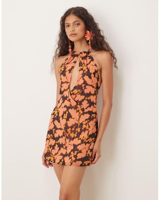Motel Natural Veslina Floral Print Halter Mini Dress