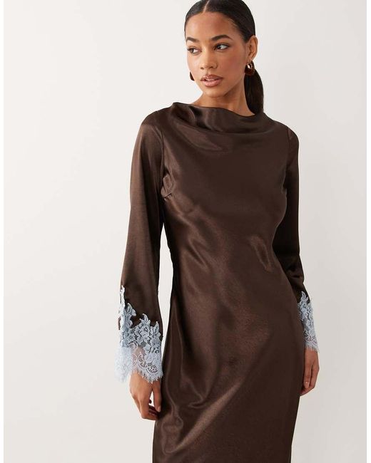 TFNC London Brown Satin Cowl Neck Contrast Lace Trim Bell Sleeve Maxi Dress