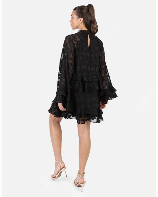 ANAYA Black Floral Burnout High Neck Ruffle Sleeve Shift Mini Dress