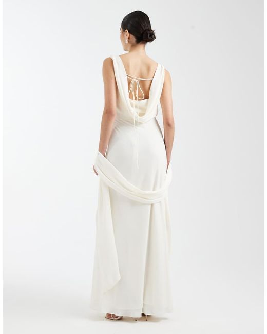 Six Stories White Bridesmaid Crepe Plunge Cowl Front Maxi Dress