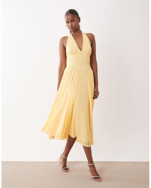 tfnc bridesmaid dresses TFNC London Bridesmaids Halter Neck Midi Chiffon Dress in Natural