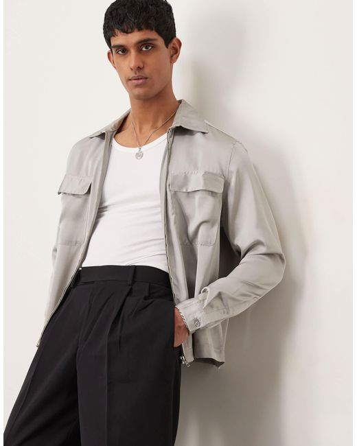 ASOS White Boxy Overshirt With Patch Pockets And Zip for men