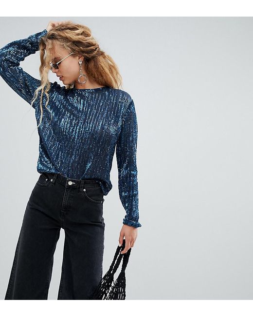 Weekday Denim Sequin Long Sleeve Top In 