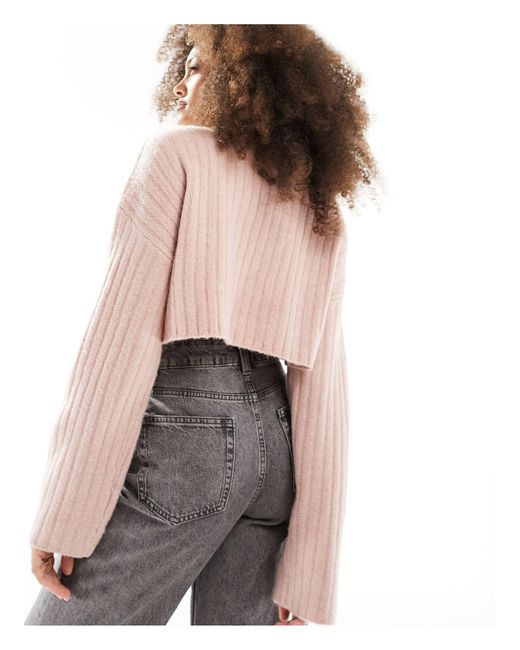 Bershka Pink Ribbed Knitted Cropped Jumper