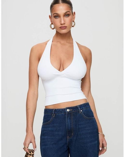 Princess Polly Blue Whimsy Slinky Plunge Halter Neck Top
