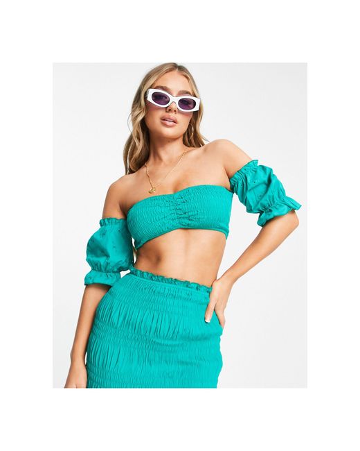 ASOS Synthetic Shirred Bardot Beach Crop Top With Detachable Sleeves in Emerald Green (Green