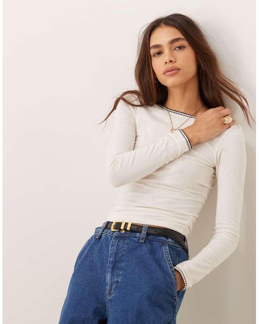 Miss Selfridge Natural Contrast Stitch Long Sleeve Tee