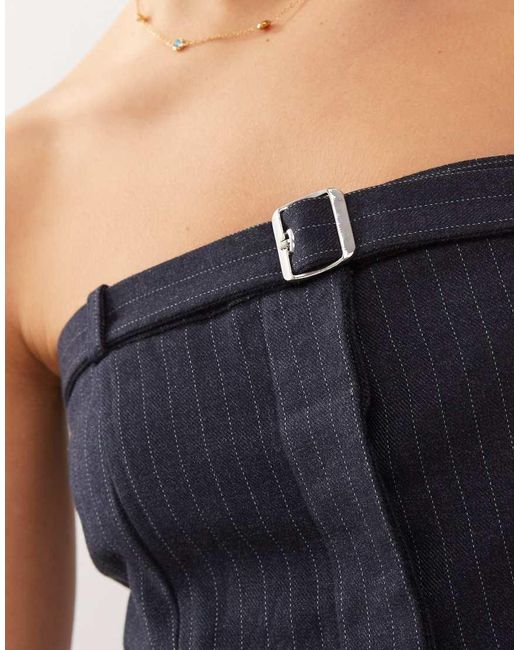 Collusion Blue Tailored Pinstriped Buckle Top