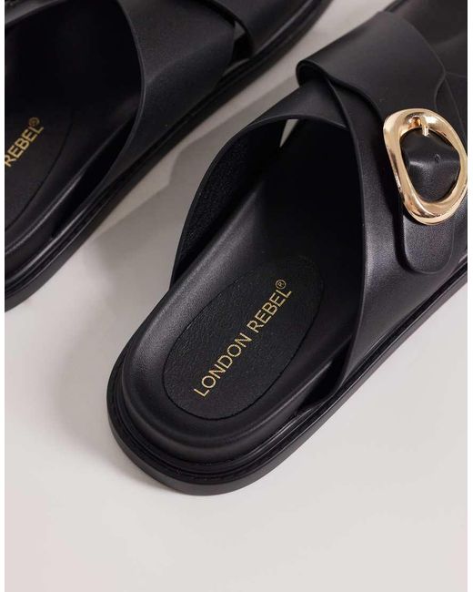 London Rebel Black Raya Flat Sandals With Buckle Detail