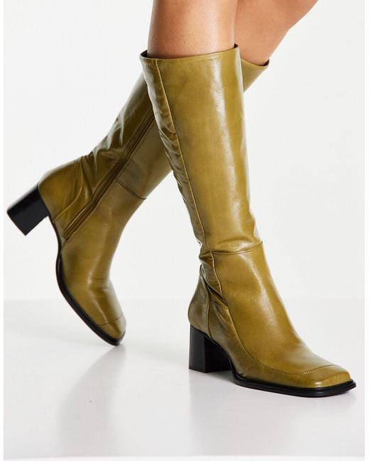 ASOS Green Chamomile Premium Leather Square Toe Knee Boots