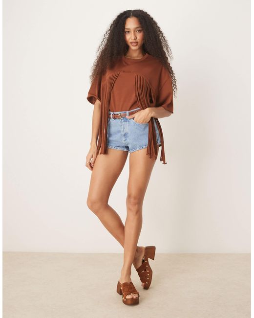 ASOS Brown Boxy Cropped T-shirt With Fringe Detail