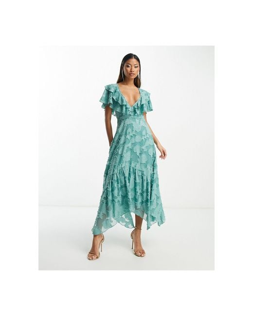 ASOS V-front V-back Ruffle Midi Dress With Flutter Sleeves And Tie Back in  Blue | Lyst Canada