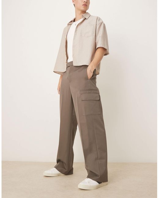 ASOS Natural Smart Wide Leg Pants With Double Pleats And Cargo Pockets for men
