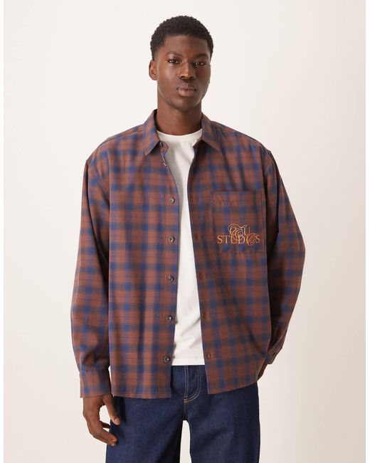 ASOS Men's Purple Oversized Check Shirt With Chest Embroidery