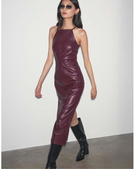 Stradivarius Purple Faux Leather Midi Dress