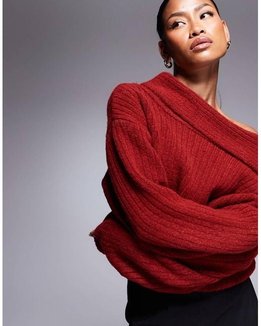 ASOS Red Oversized Knitted Off Shoulder Jumper