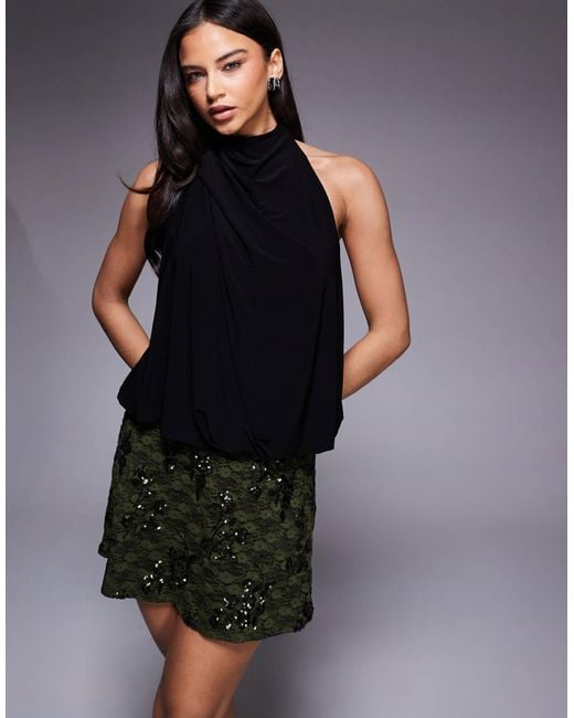 ASOS Black Sequin Lace Halter Mini Dress Draped Bodice