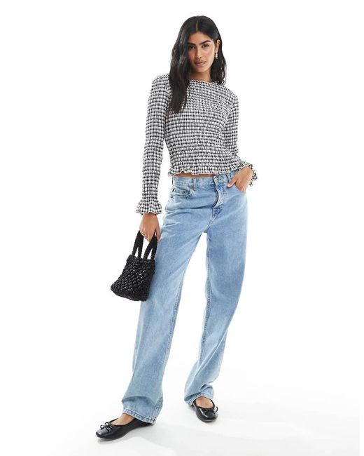 Daisy Street Blue Plaid Long Sleeve Shirred Top