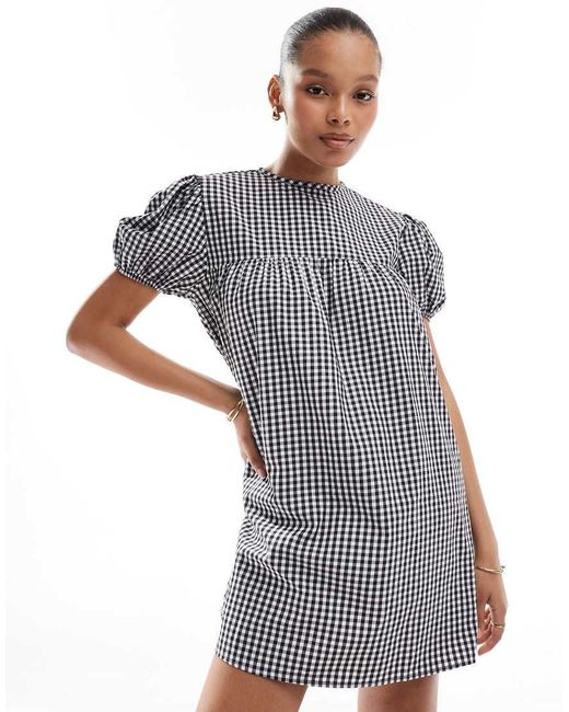Vestido Negro A Cuadros Vichy De Estilo Babydoll Y Corte Amplio Con Mangas Abullonadas De ASOS de color Gray