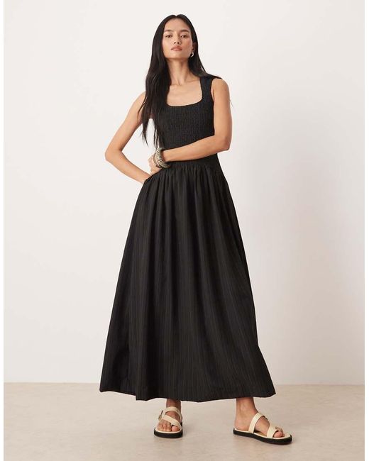 ASOS Black Crinkle Scoop Neck Maxi Sundress With Shirred Waist