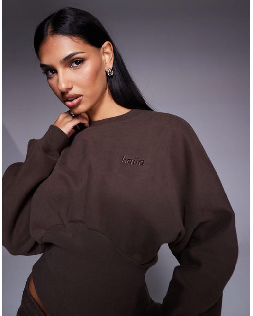 Kaiia Women's Gray Exclusive Cotton Rich Extreme Oversized Sleeve Cinched Waist Sweatshirt Co-Ord