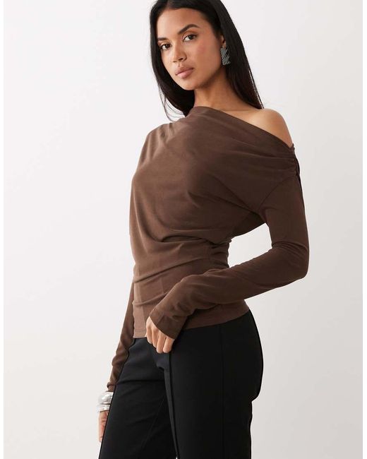ASOS Brown Drape Off Shoulder Top With Cinch Waist