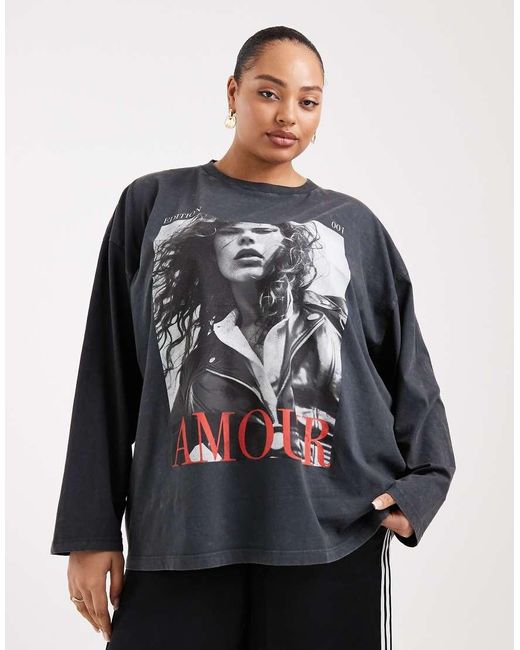 ASOS Black Asos Design Curve Long Sleeve T-shirt With Amour Magazine Graphic